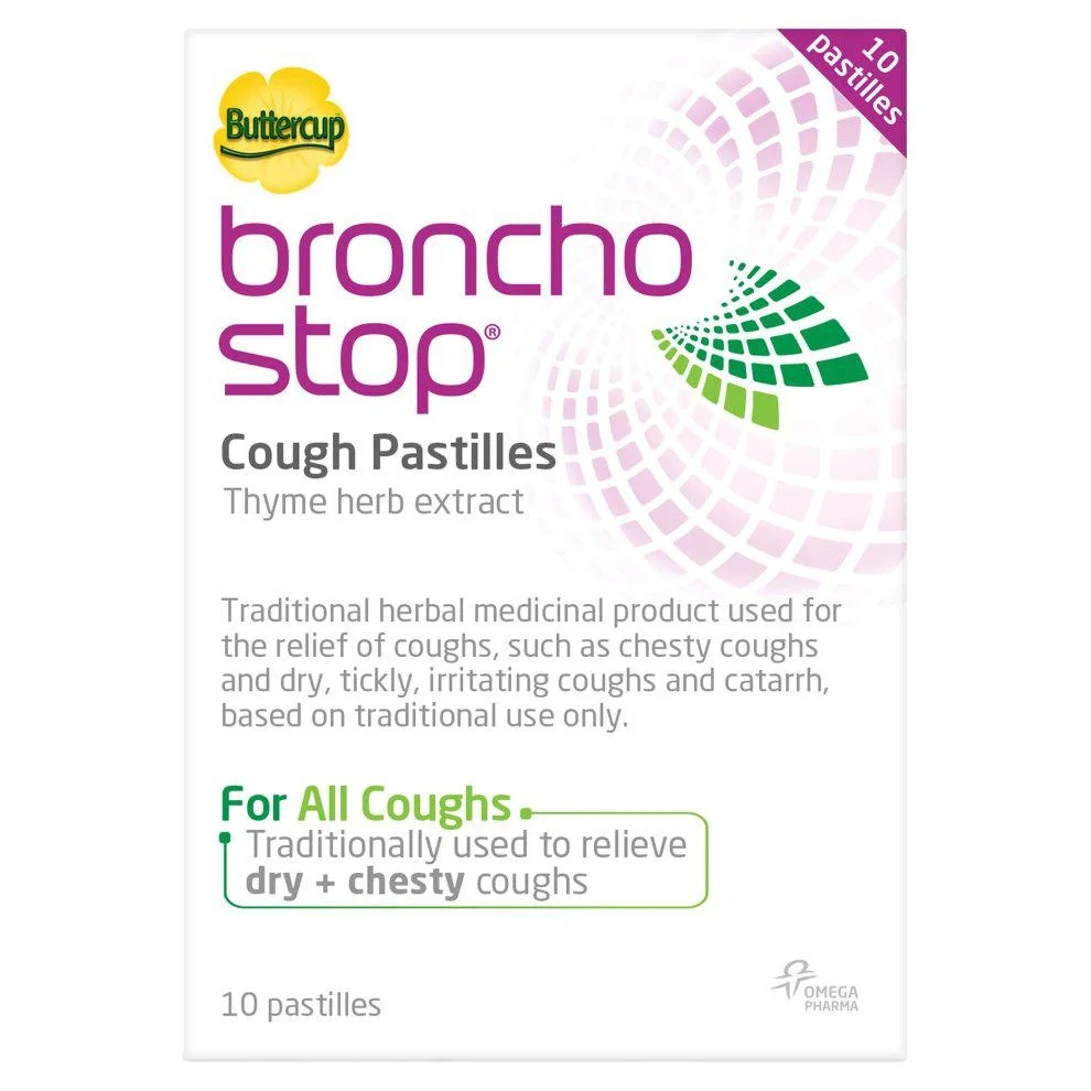 Bronchostop Buttercup 10 Pastilles Dry Chesty Coughs Thyme Herb Extract