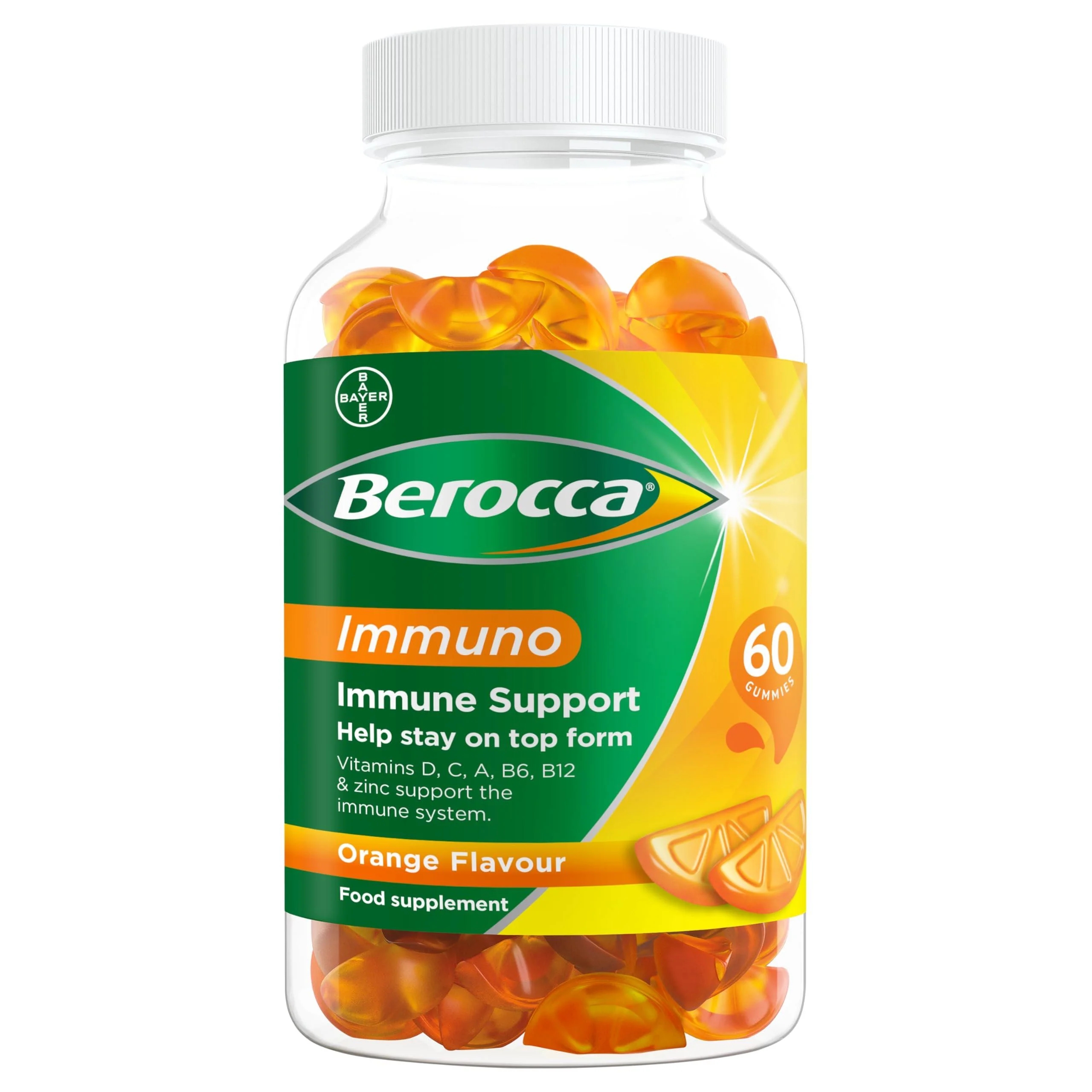 Berocca Immuno Gummy Vitamins, Orange Flavour, Bursting with Immune System Supporting Nutrients, Vitamins D, C, A, B6, B12 and Mineral Zinc All Support the Immune System